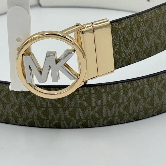 Michael Kors Belt Twist Reversible Leather MK Logo Buckle White‎ Khaki XL - Picture 3 of 6